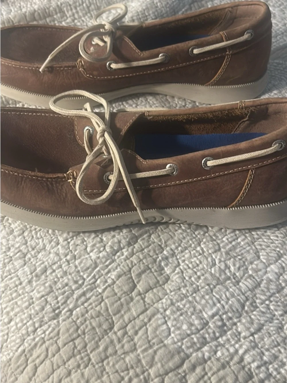 Sperry Brown Leather Boat Shoes with White Laces